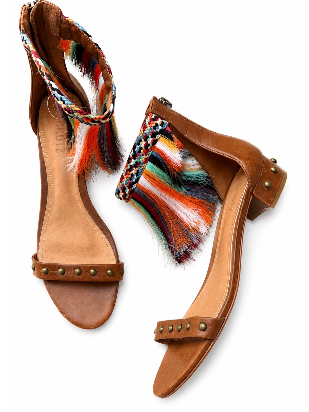 Schutz Boho Fringe Sandals Leather Ankle Brown size 9 glam chic